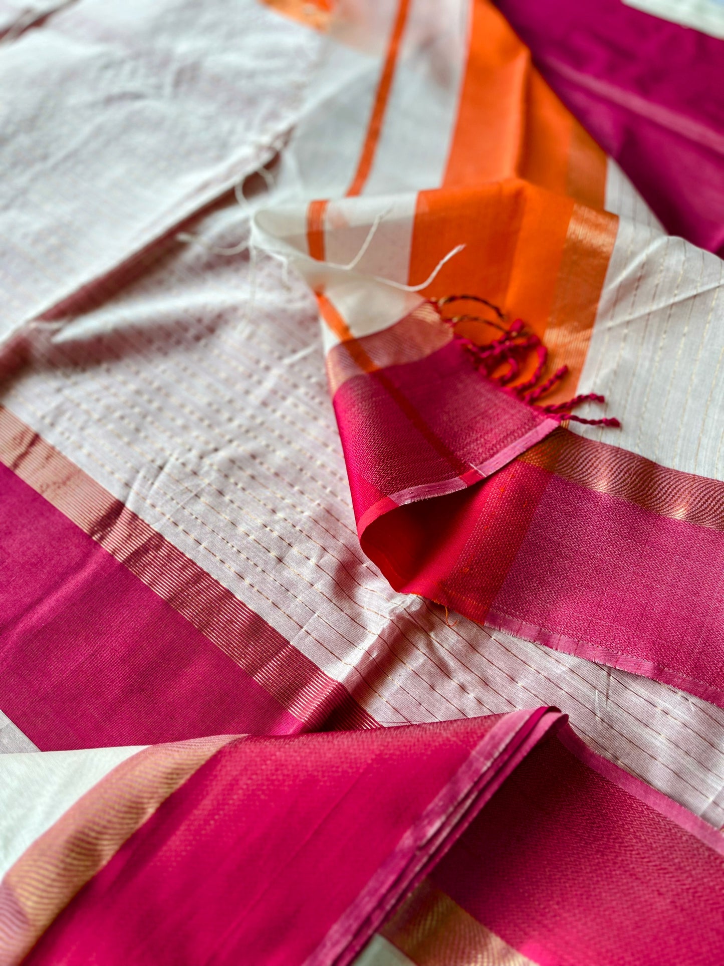 White Maheshwari Saree with Ganga Jamuna Resham Borders