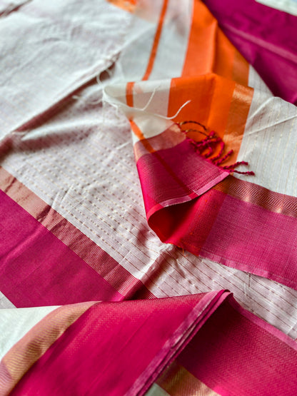 White Maheshwari Saree with Ganga Jamuna Resham Borders