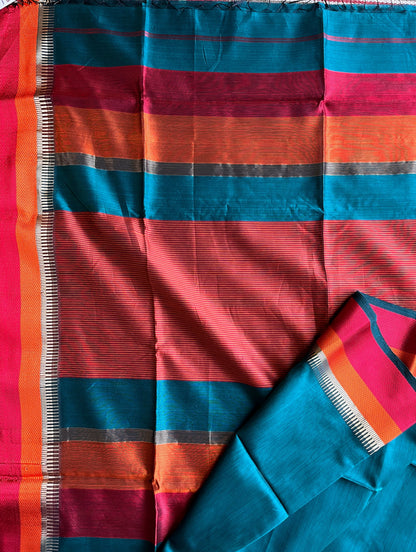 Vibrant Blue Double Border Maheshwari Saree