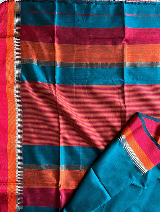 Vibrant Blue Double Border Maheshwari Saree