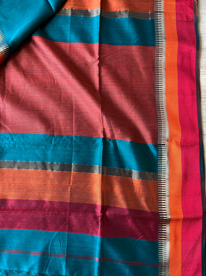 Vibrant Blue Double Border Maheshwari Saree