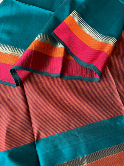 Vibrant Blue Double Border Maheshwari Saree
