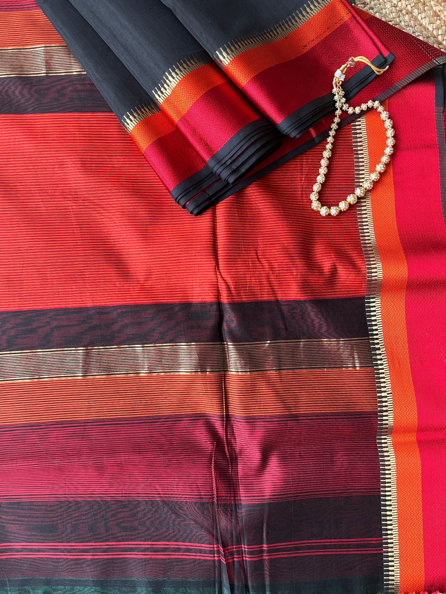 Vibrant Black Double Border Maheshwari Saree