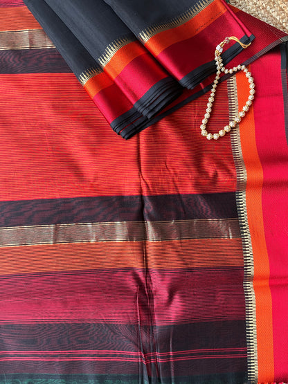 Vibrant Black Double Border Maheshwari Saree