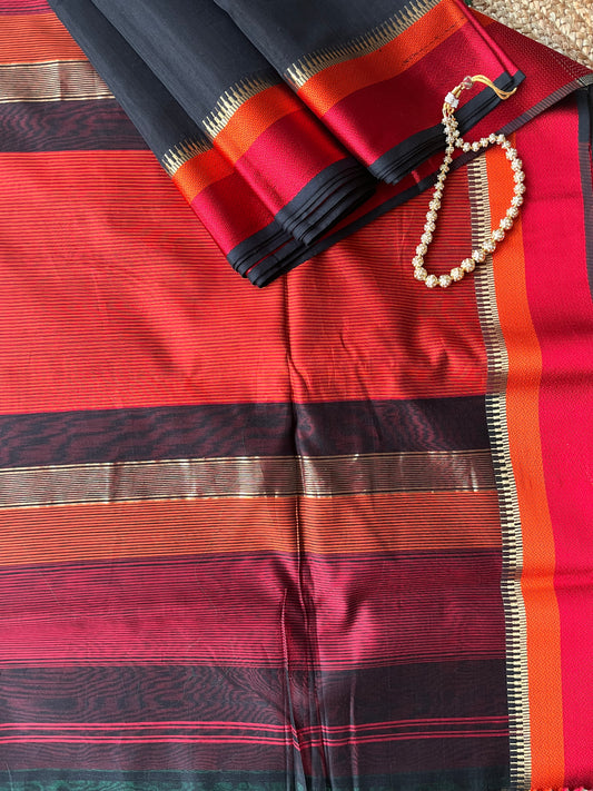 Vibrant Black Double Border Maheshwari Saree