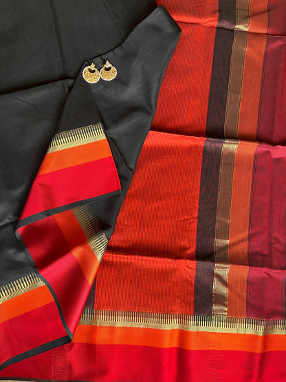 Vibrant Black Double Border Maheshwari Saree