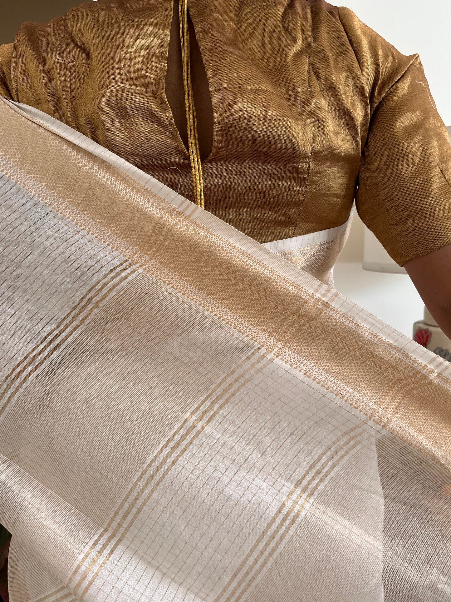 Cream and Gold Checks Maheshwari Saree