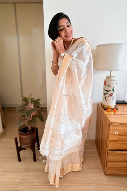 Cream and Gold Checks Maheshwari Saree