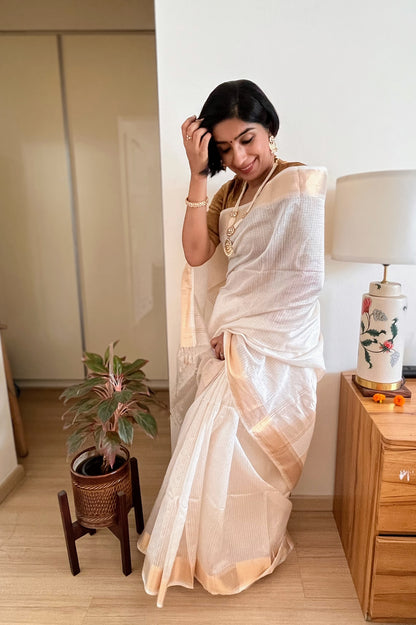 Cream and Gold Checks Maheshwari Saree