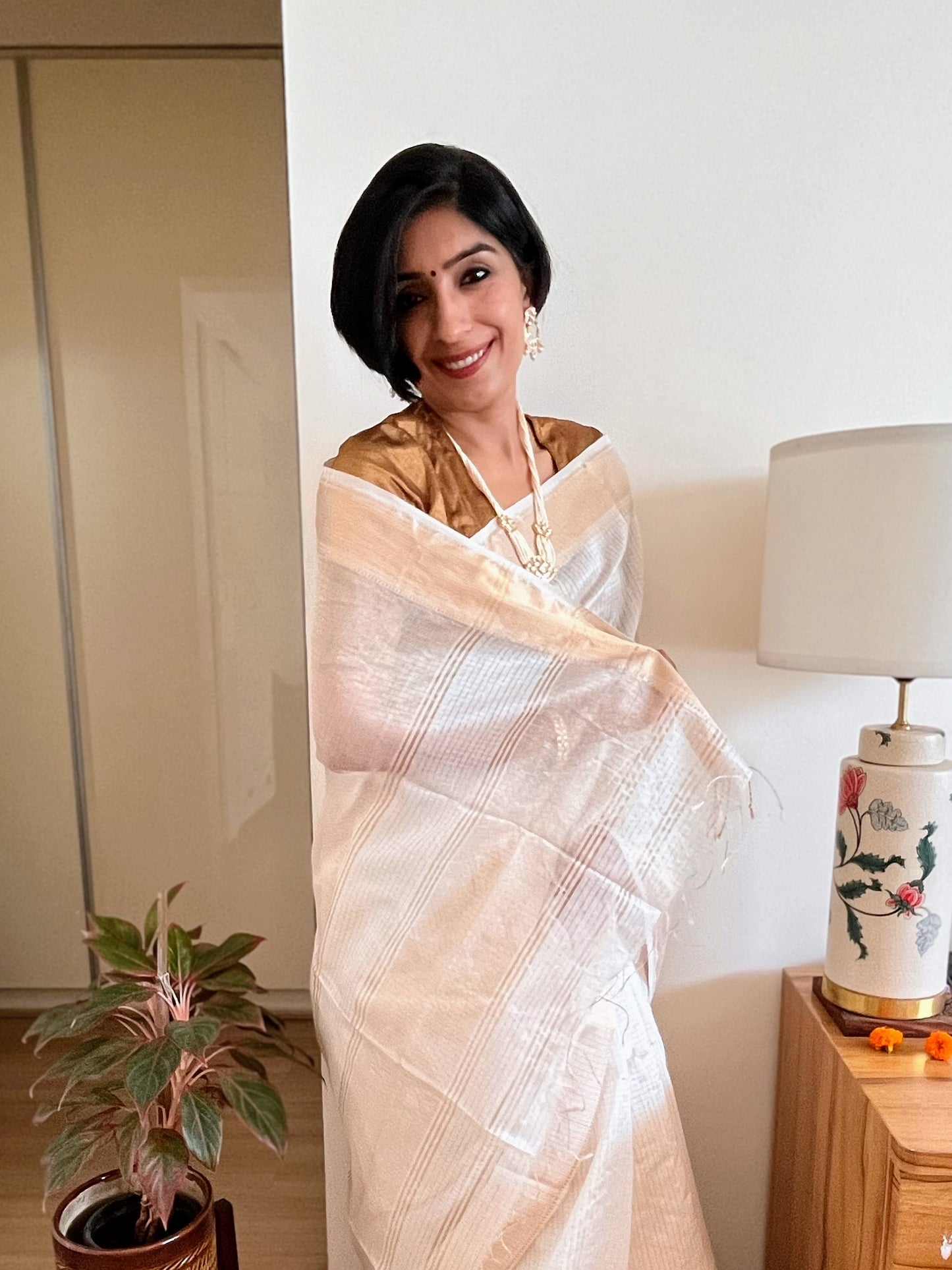 Cream and Gold Checks Maheshwari Saree