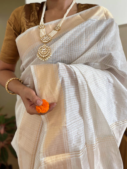 Cream and Gold Checks Maheshwari Saree