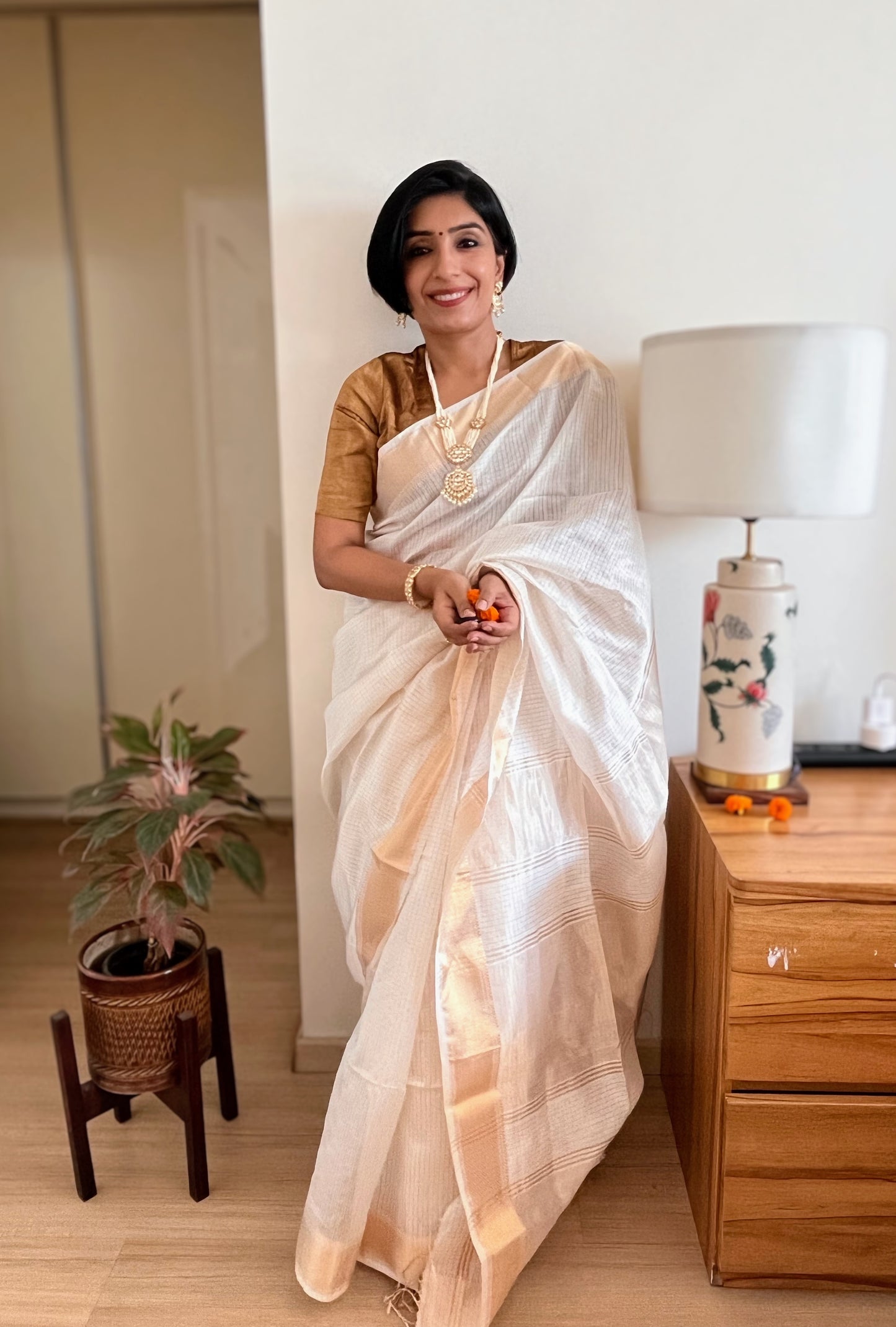 Cream and Gold Checks Maheshwari Saree