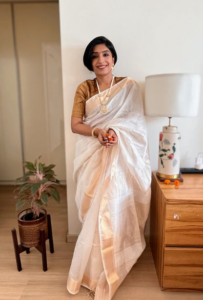 Cream and Gold Checks Maheshwari Saree