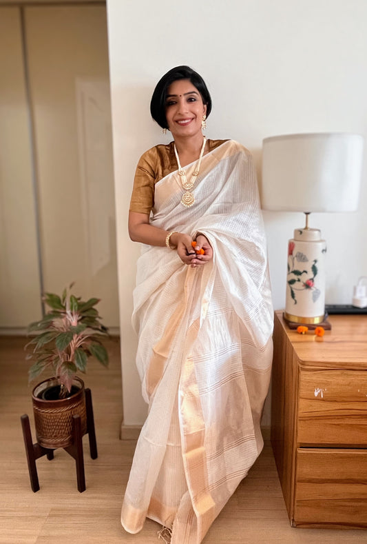 Cream and Gold Checks Maheshwari Saree