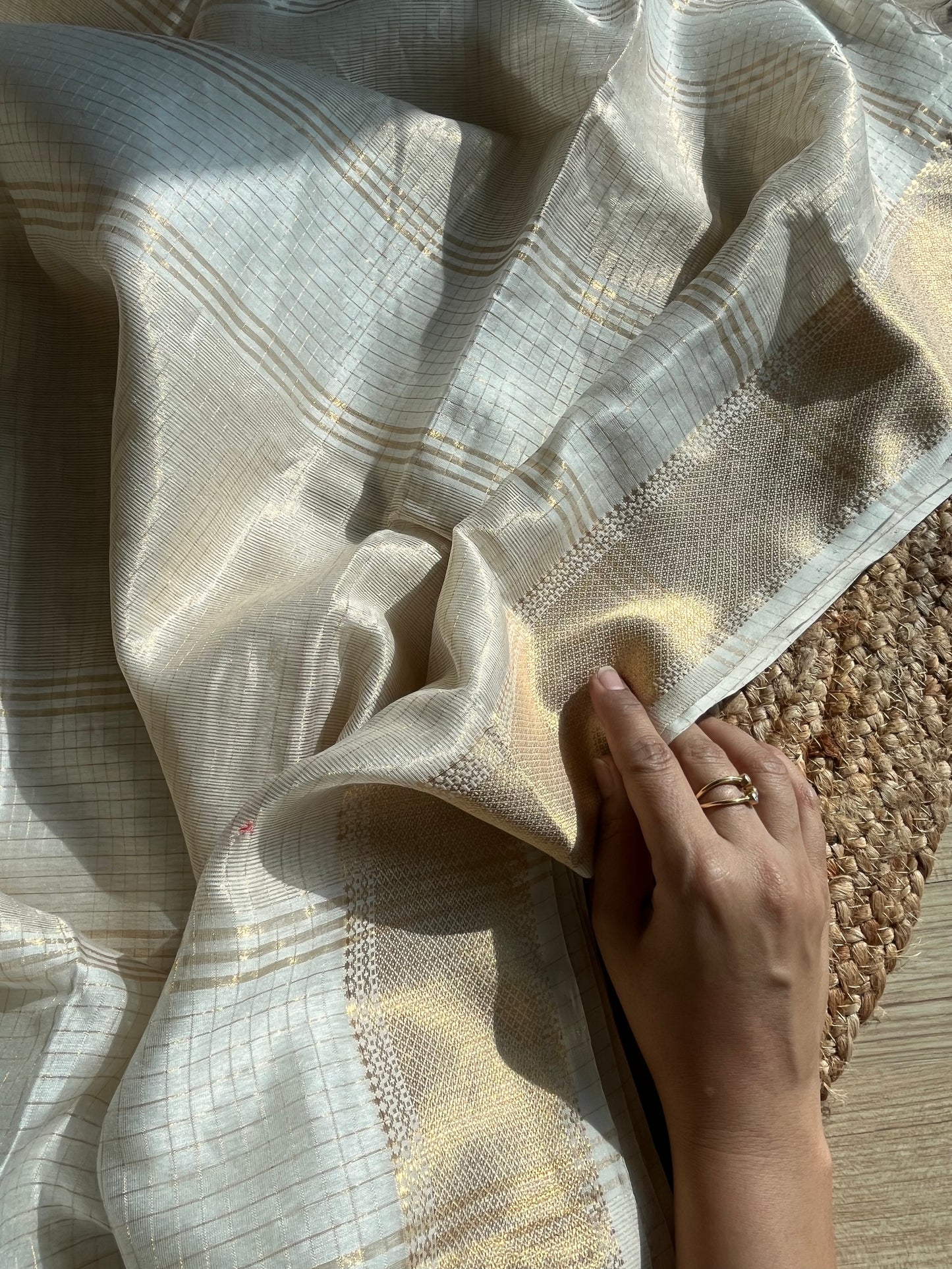 Cream and Gold Checks Maheshwari Saree