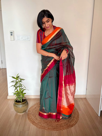 Forest Green Maheshwari with Ganga Jamuna Border and Kosa Pallu