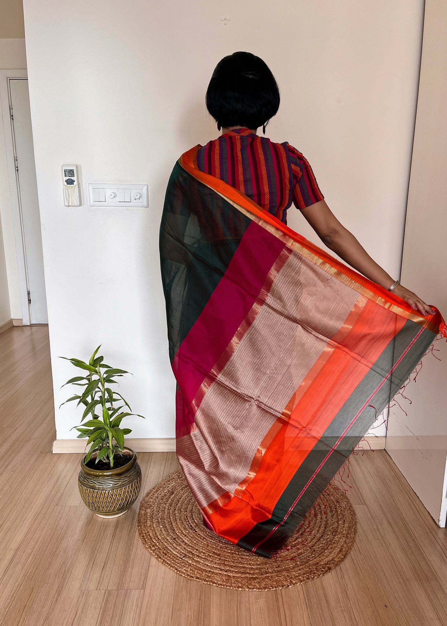 Forest Green Maheshwari with Ganga Jamuna Border and Kosa Pallu
