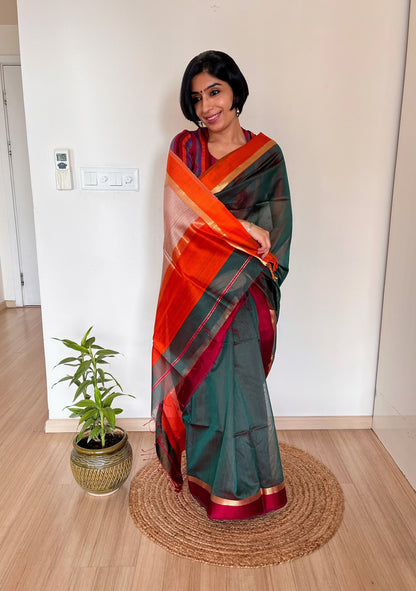 Forest Green Maheshwari with Ganga Jamuna Border and Kosa Pallu