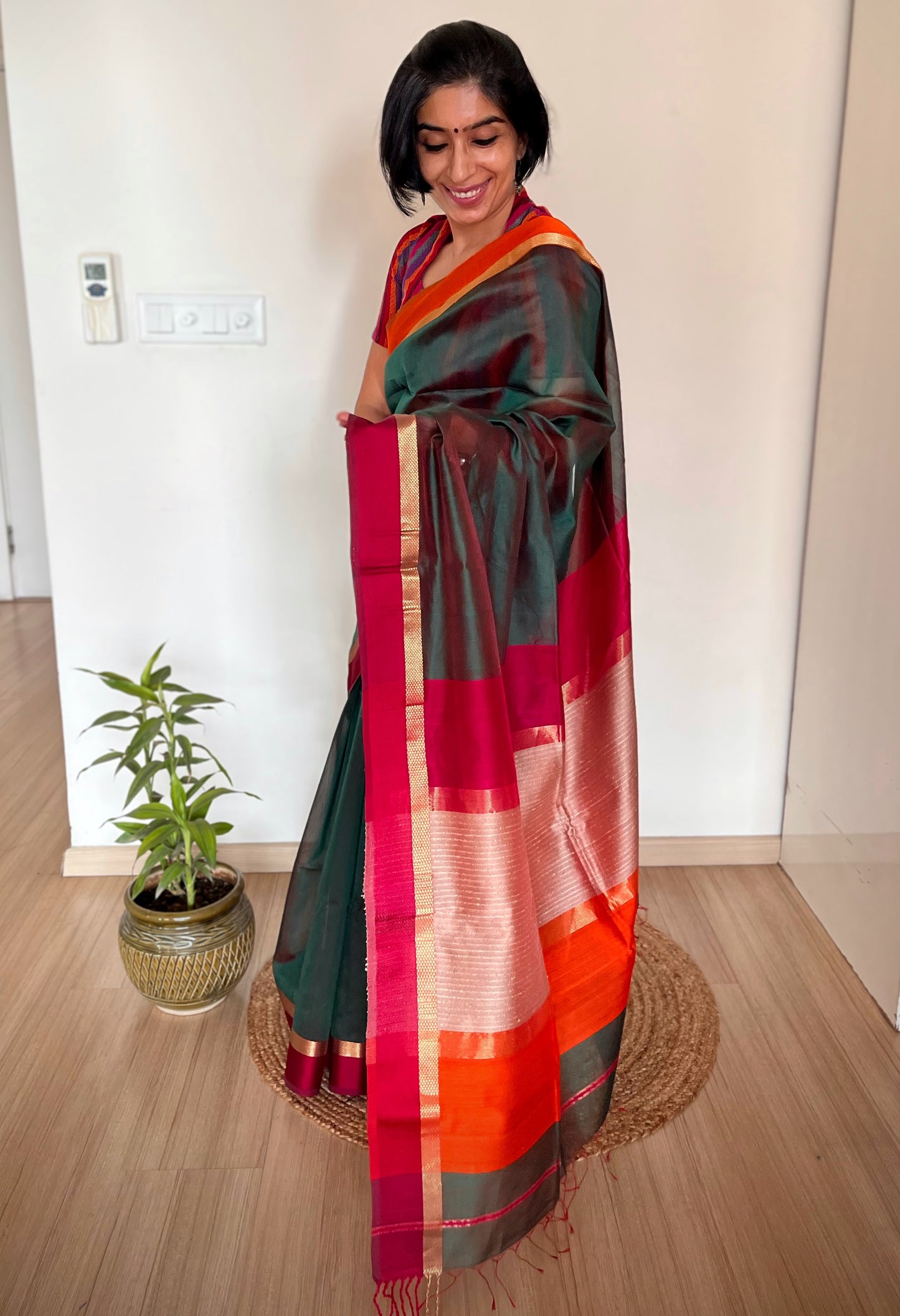Forest Green Maheshwari with Ganga Jamuna Border and Kosa Pallu