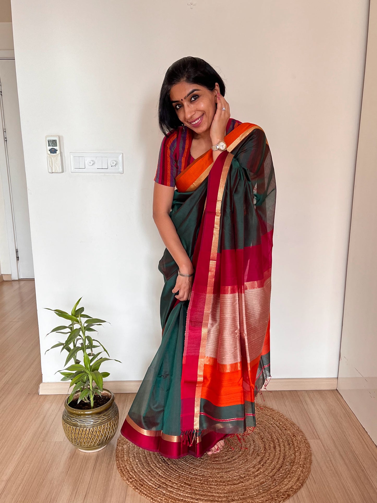 Forest Green Maheshwari with Ganga Jamuna Border and Kosa Pallu