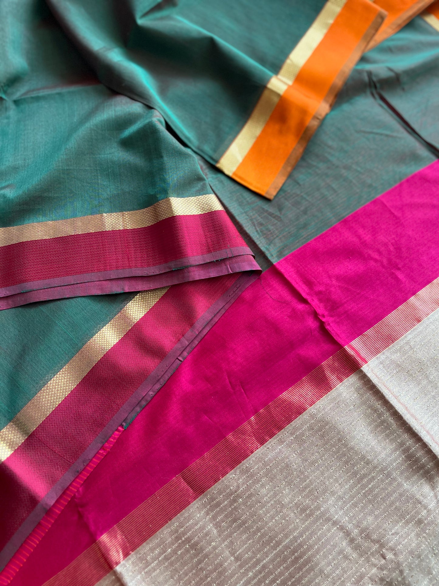 Forest Green Maheshwari with Ganga Jamuna Border and Kosa Pallu