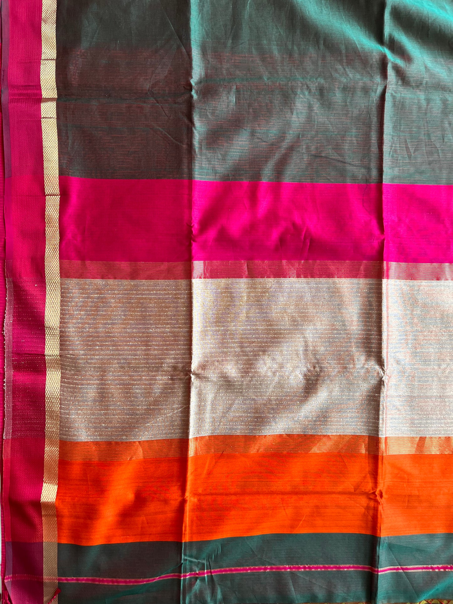 Forest Green Maheshwari with Ganga Jamuna Border and Kosa Pallu