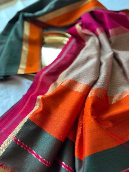 Forest Green Maheshwari with Ganga Jamuna Border and Kosa Pallu