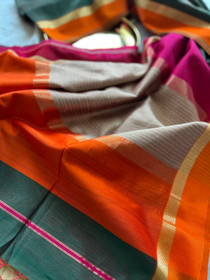 Forest Green Maheshwari with Ganga Jamuna Border and Kosa Pallu