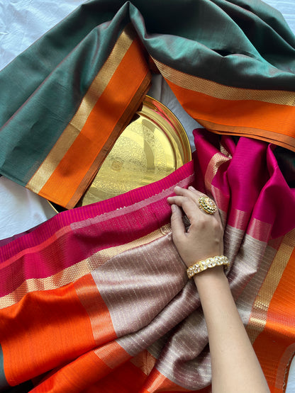 Forest Green Maheshwari with Ganga Jamuna Border and Kosa Pallu
