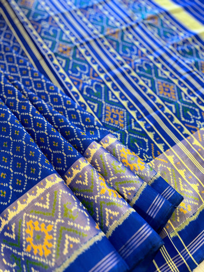 Magnetic Blue Rajkot Patola Single Ikat Mulberry Silk Saree