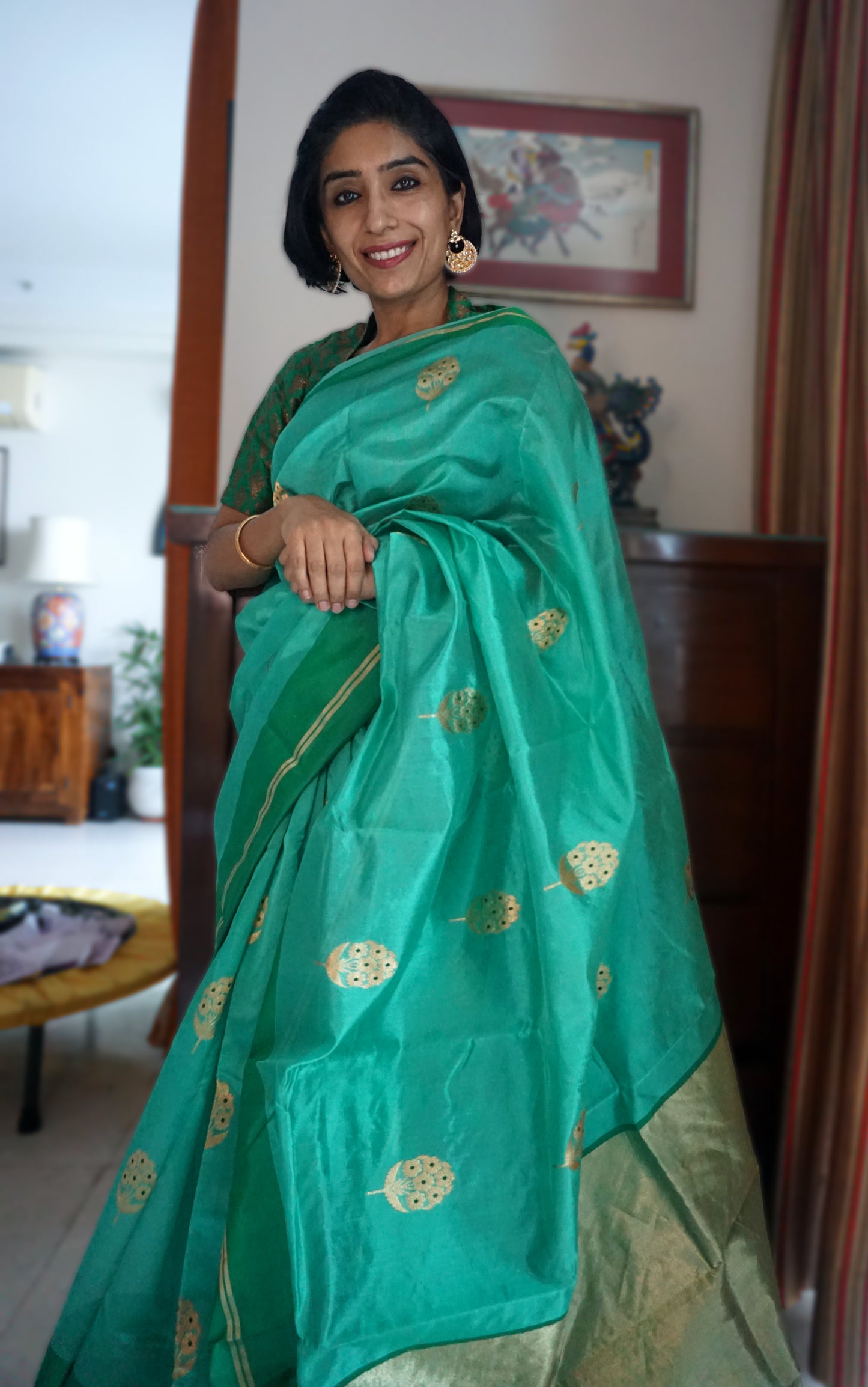 Sea Green Chanderi Silk Saree