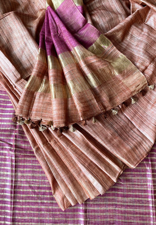 Peachy Pink and Gold Tussar Tissue Saree