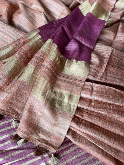 Peachy Pink and Gold Tussar Tissue Saree