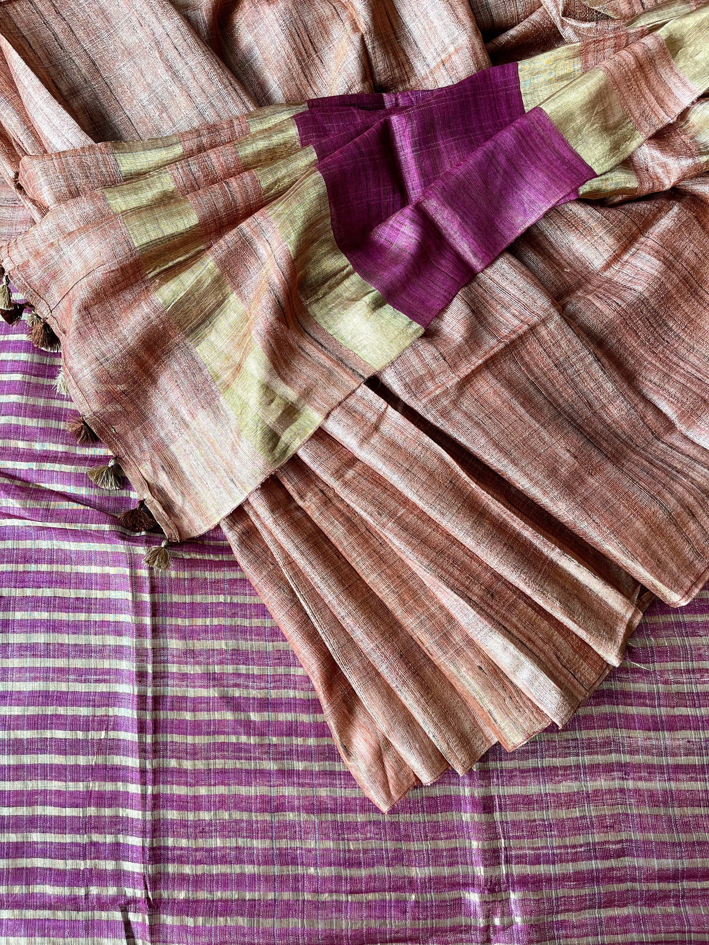 Peachy Pink and Gold Tussar Tissue Saree