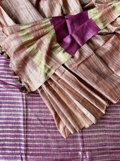 Peachy Pink and Gold Tussar Tissue Saree
