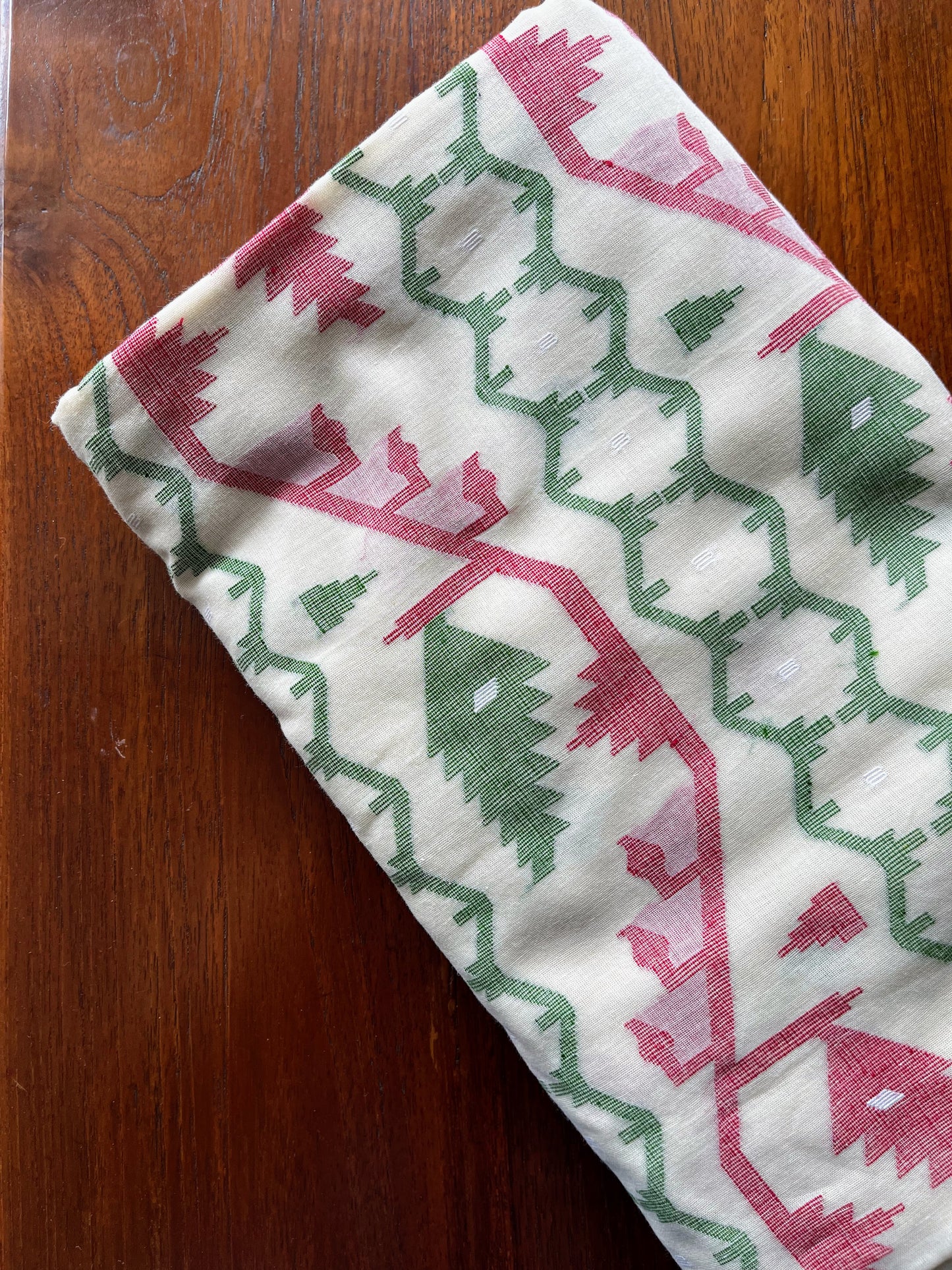 Off-white, red and green Jamdani Saree