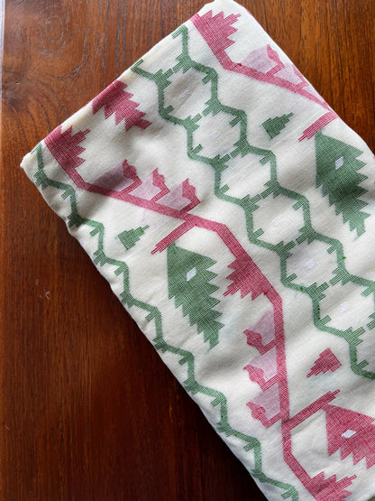 Off-white, red and green Jamdani Saree