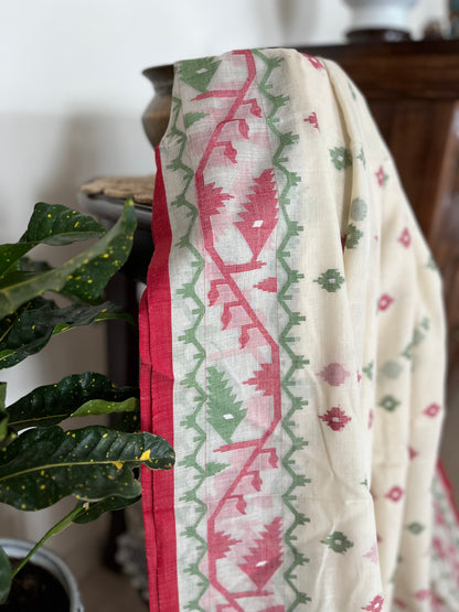 Off-white, red and green Jamdani Saree