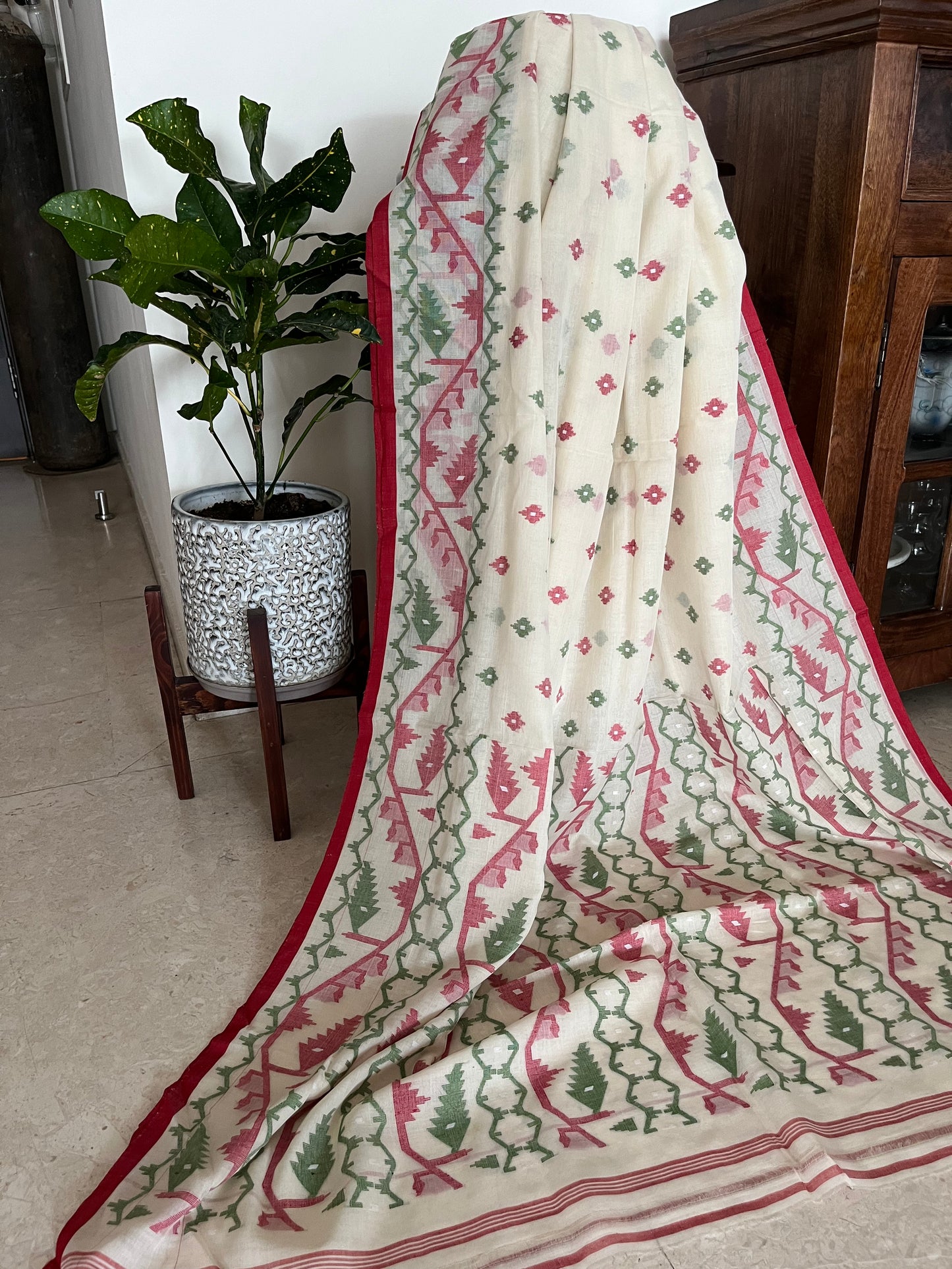 Off-white, red and green Jamdani Saree