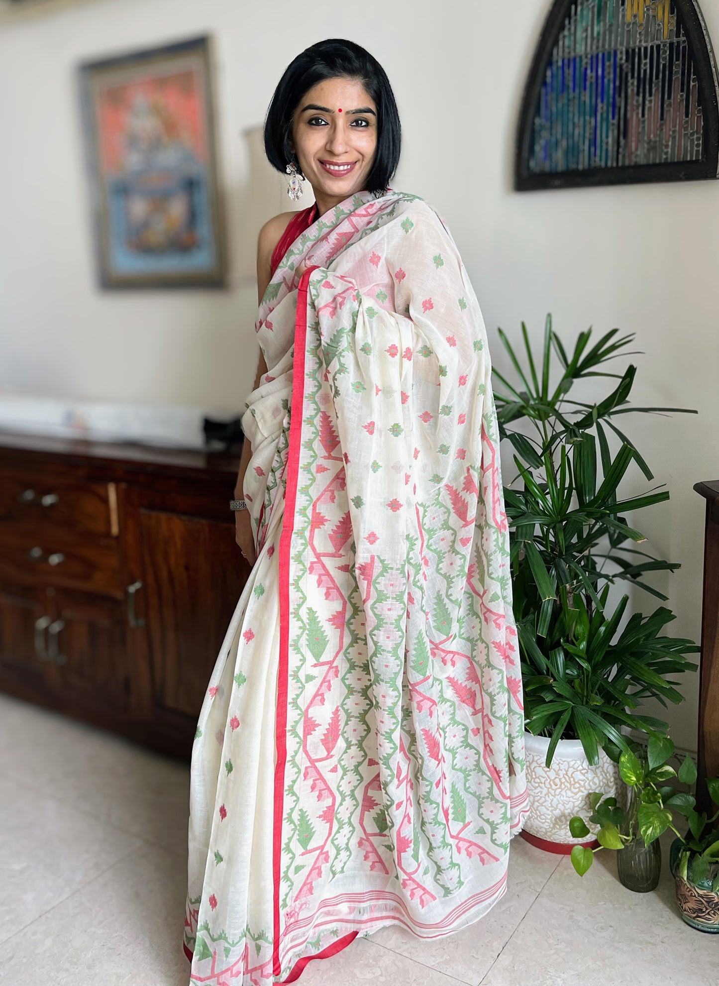 Off-white, red and green Jamdani Saree