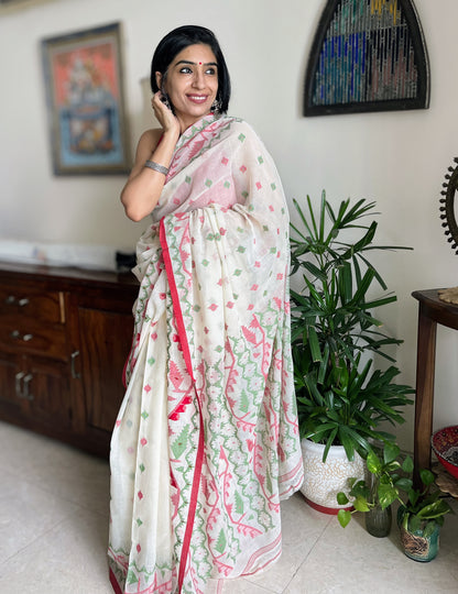 Off-white, red and green Jamdani Saree