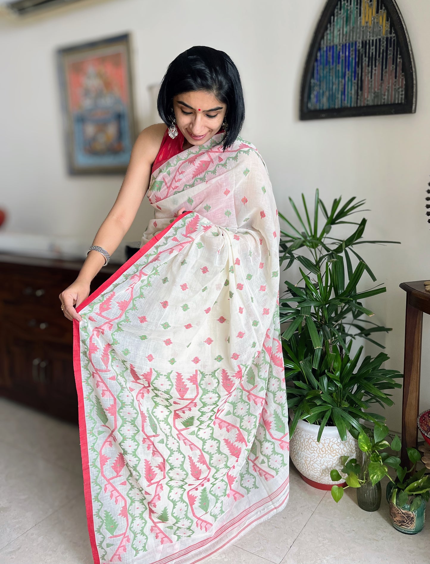 Off-white, red and green Jamdani Saree
