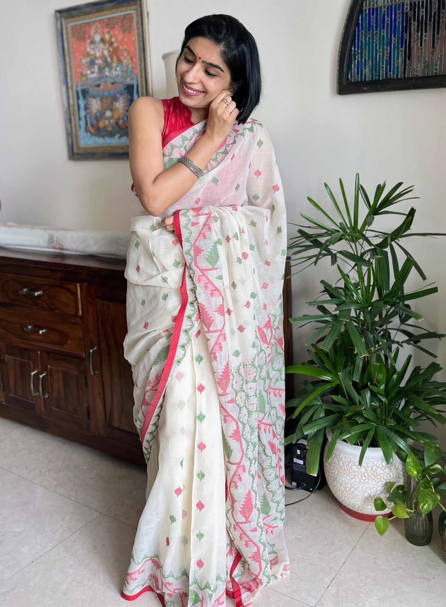 Off-white, red and green Jamdani Saree