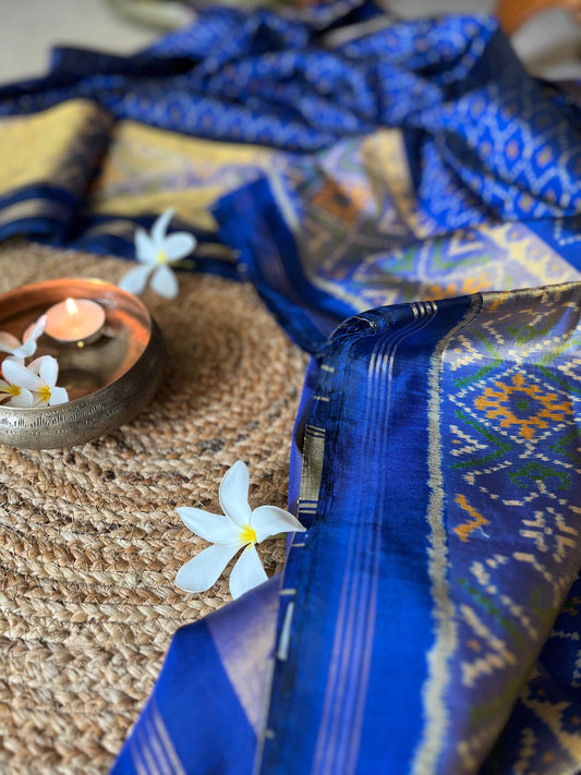 Magnetic Blue Rajkot Patola Single Ikat Mulberry Silk Saree