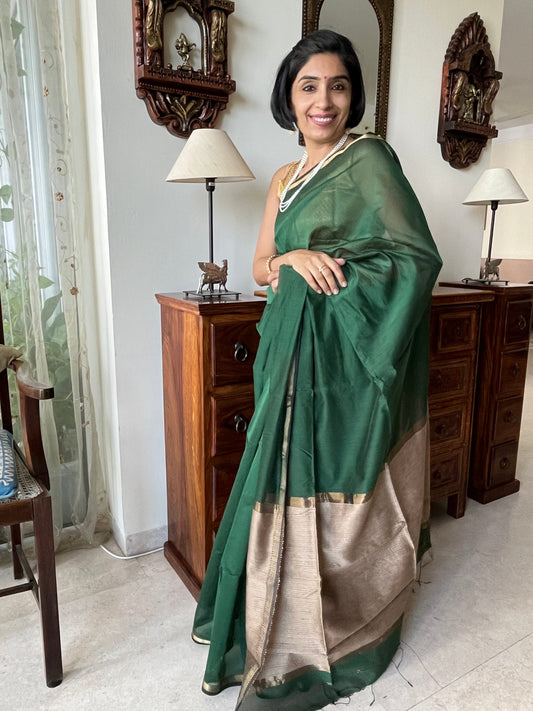 Bottle Green Thin Border Maheshwari Saree